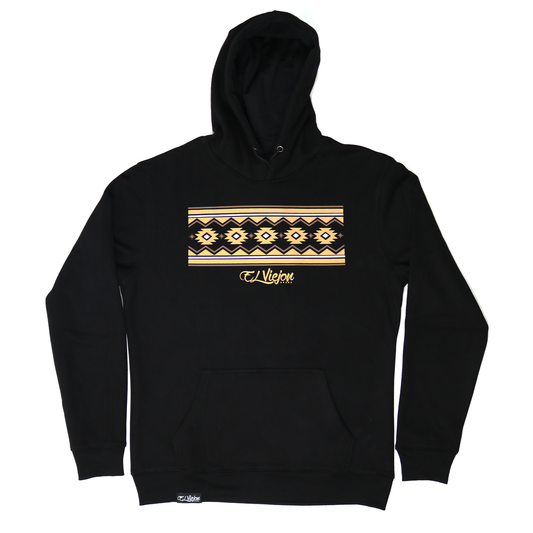Black cotton/poly fleece hoodie with gold and white Cheyenne pattern and "El Viejon" logo.