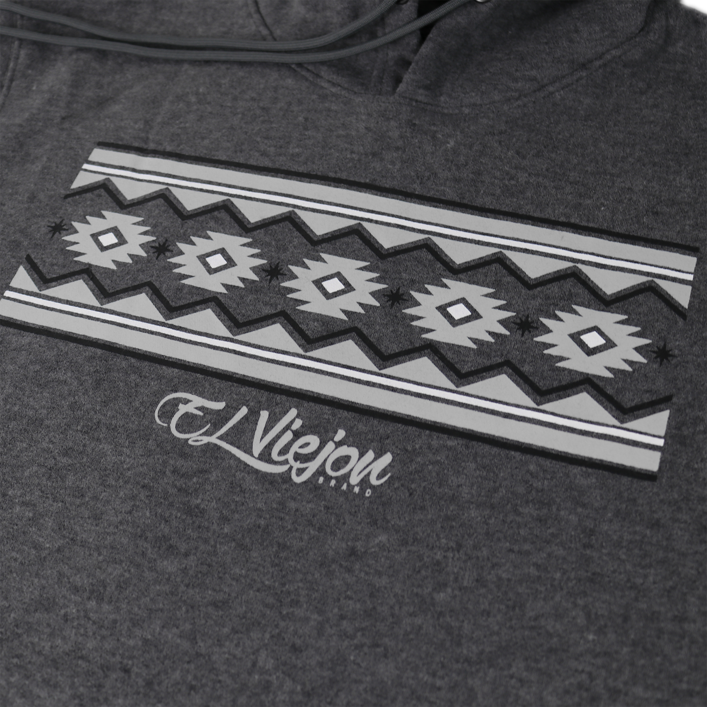 Dark heather cotton/poly fleece hoodie with a gray and white geometric pattern and "El Viejon Brand" logo.