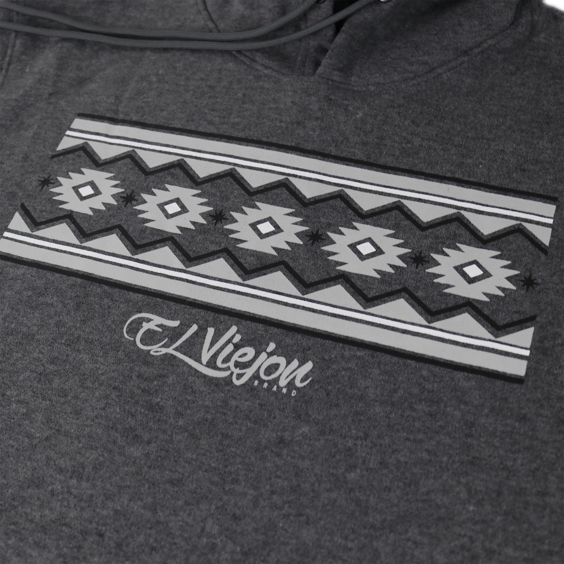 Dark heather cotton/poly fleece hoodie with a gray and white geometric pattern and "El Viejon Brand" logo.