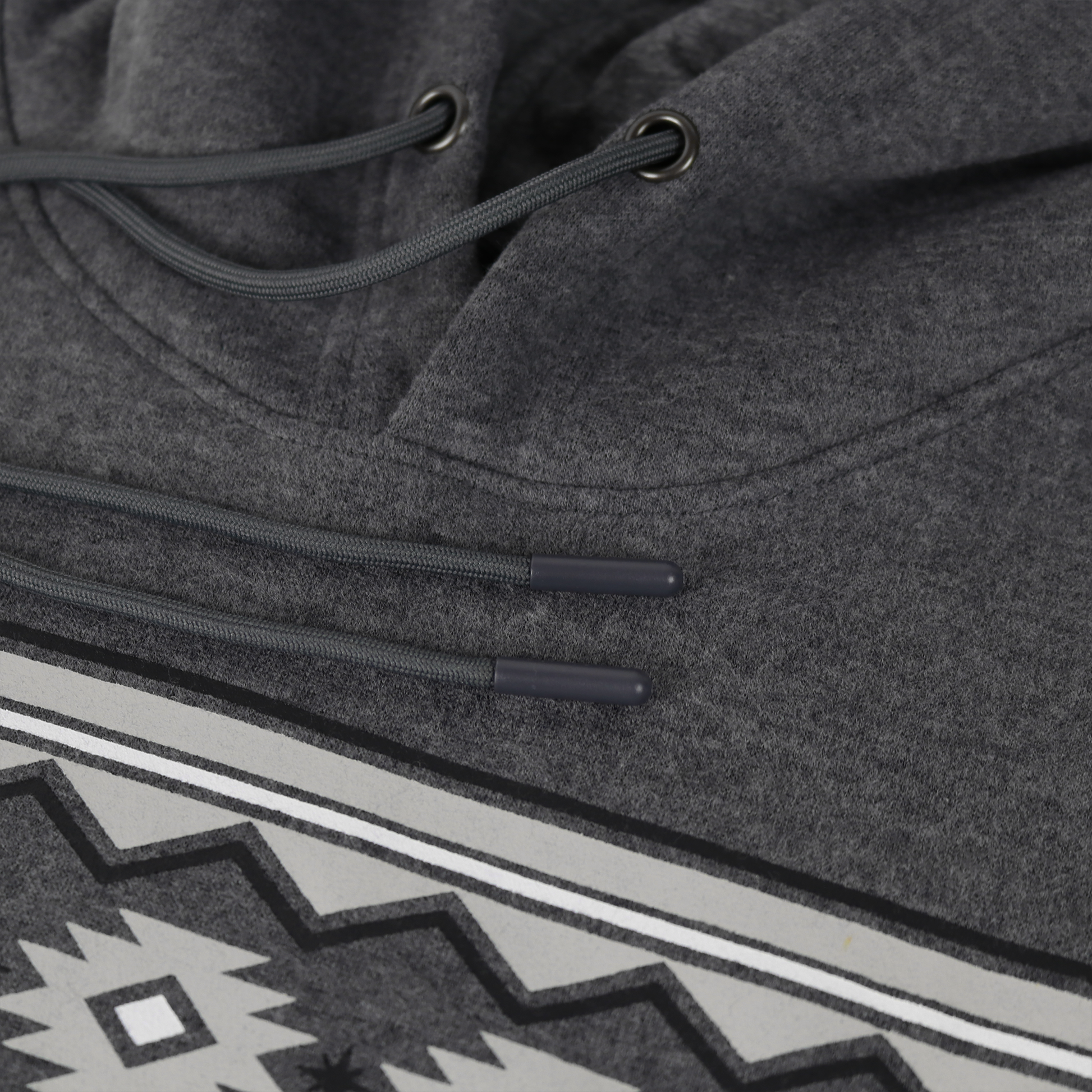 Dark heather grey cotton/poly fleece hoodie with drawstring hood and screen-printed geometric design.