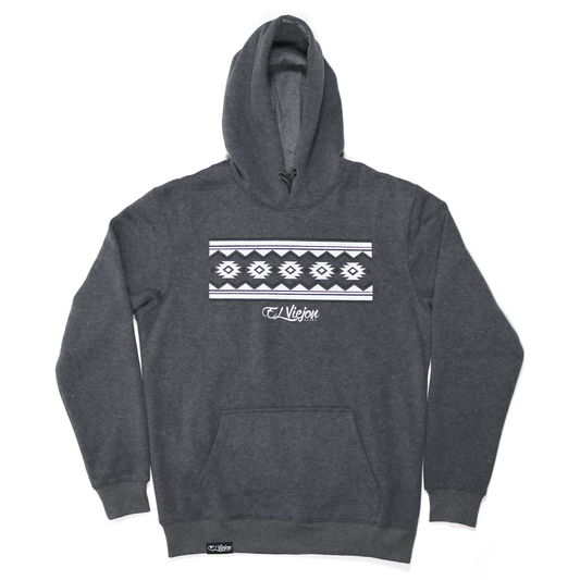 Dark heather grey cotton/poly fleece hoodie with a white geometric pattern and "El Viejon" logo on the front.