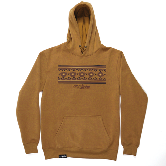 Cheyenne heather brown cotton/poly fleece hoodie with front pocket and screen-printed Aztec-inspired logo.