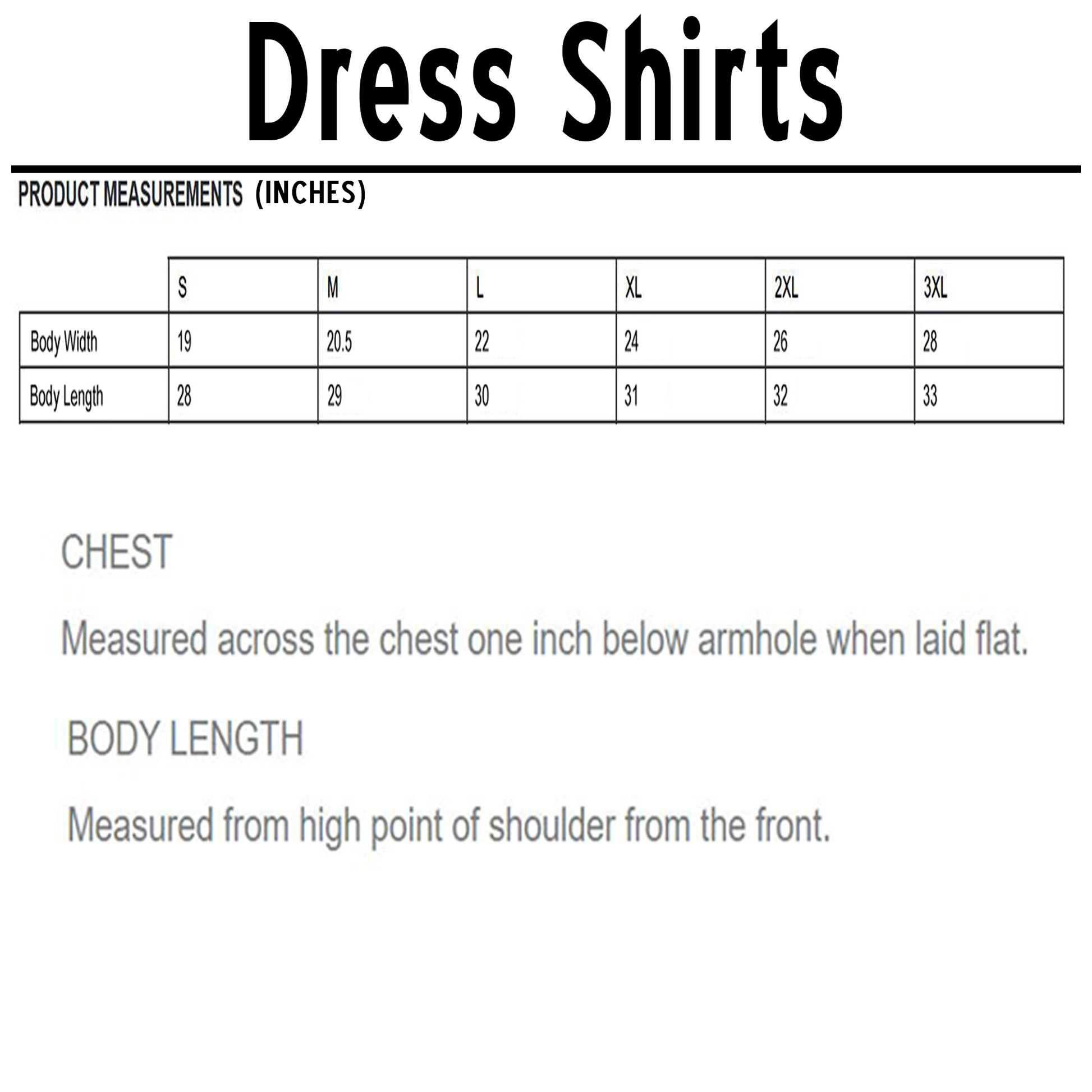 Dress Shirts size chart with body width and length measurements in inches for S to 3XL.