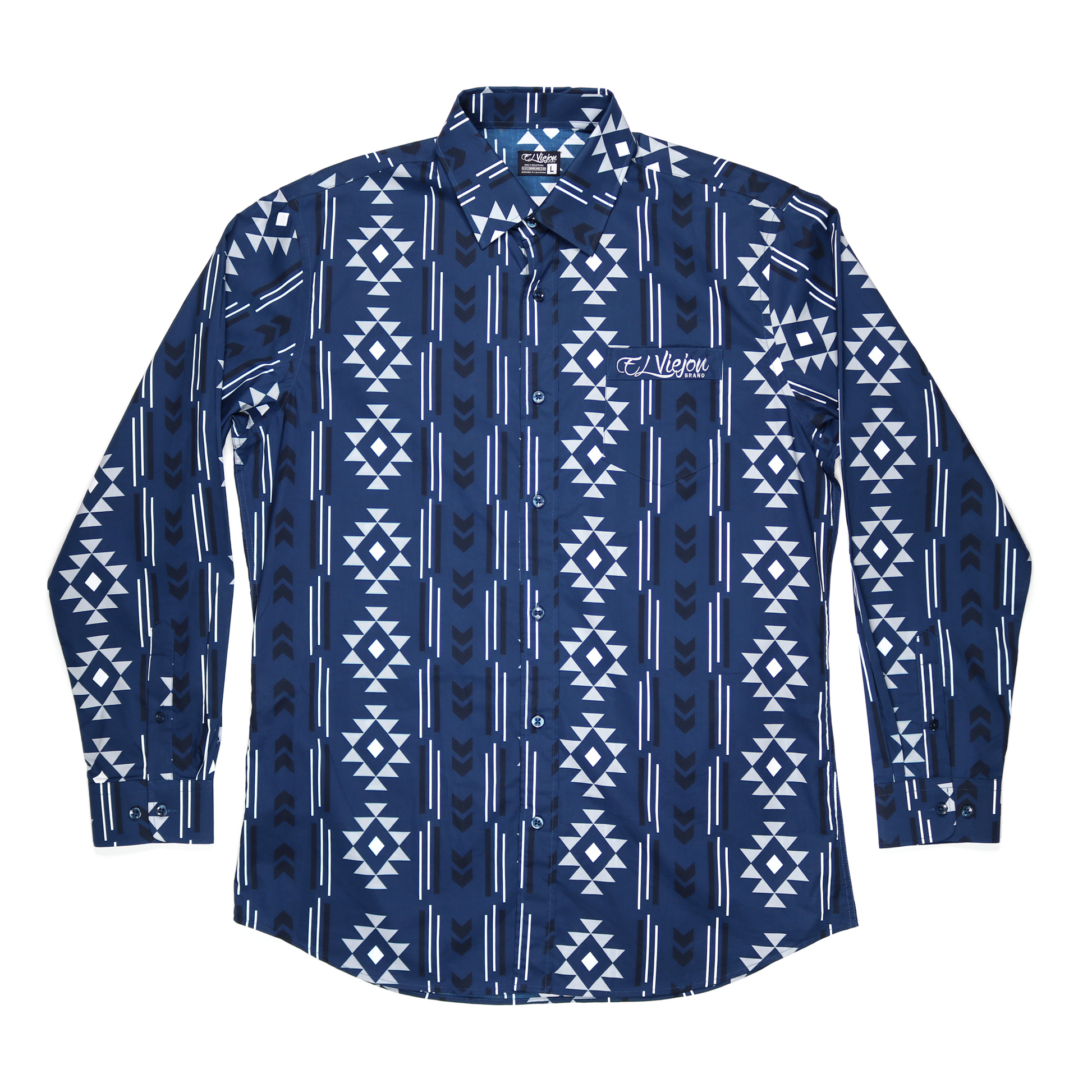 Men's Sonora Navy dress shirt with white and dark blue geometric pattern, long sleeves, straight collar, and front pocket.