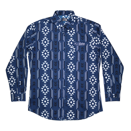 Men's Sonora Navy dress shirt with white and dark blue geometric pattern, long sleeves, straight collar, and front pocket.