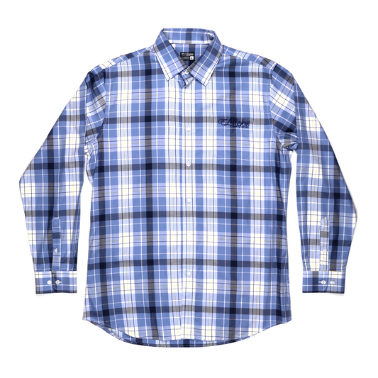El Viejon Brand plaid dress shirt in blue, sky, and white with long sleeves, straight collar, and front pocket.