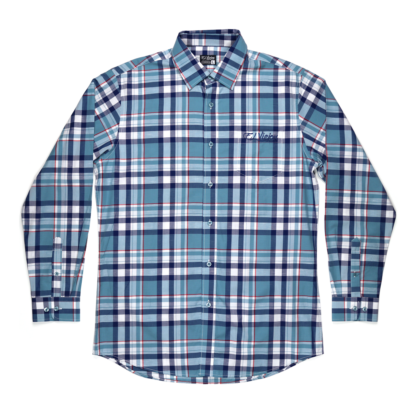 Plaid teal, navy, and red long-sleeve dress shirt with front pocket and "El Viejon Brand" logo.