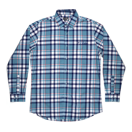 Plaid teal, navy, and red long-sleeve dress shirt with front pocket and "El Viejon Brand" logo.