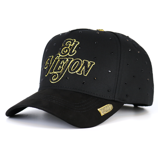 Black cap with gold text and embellishments on a white background