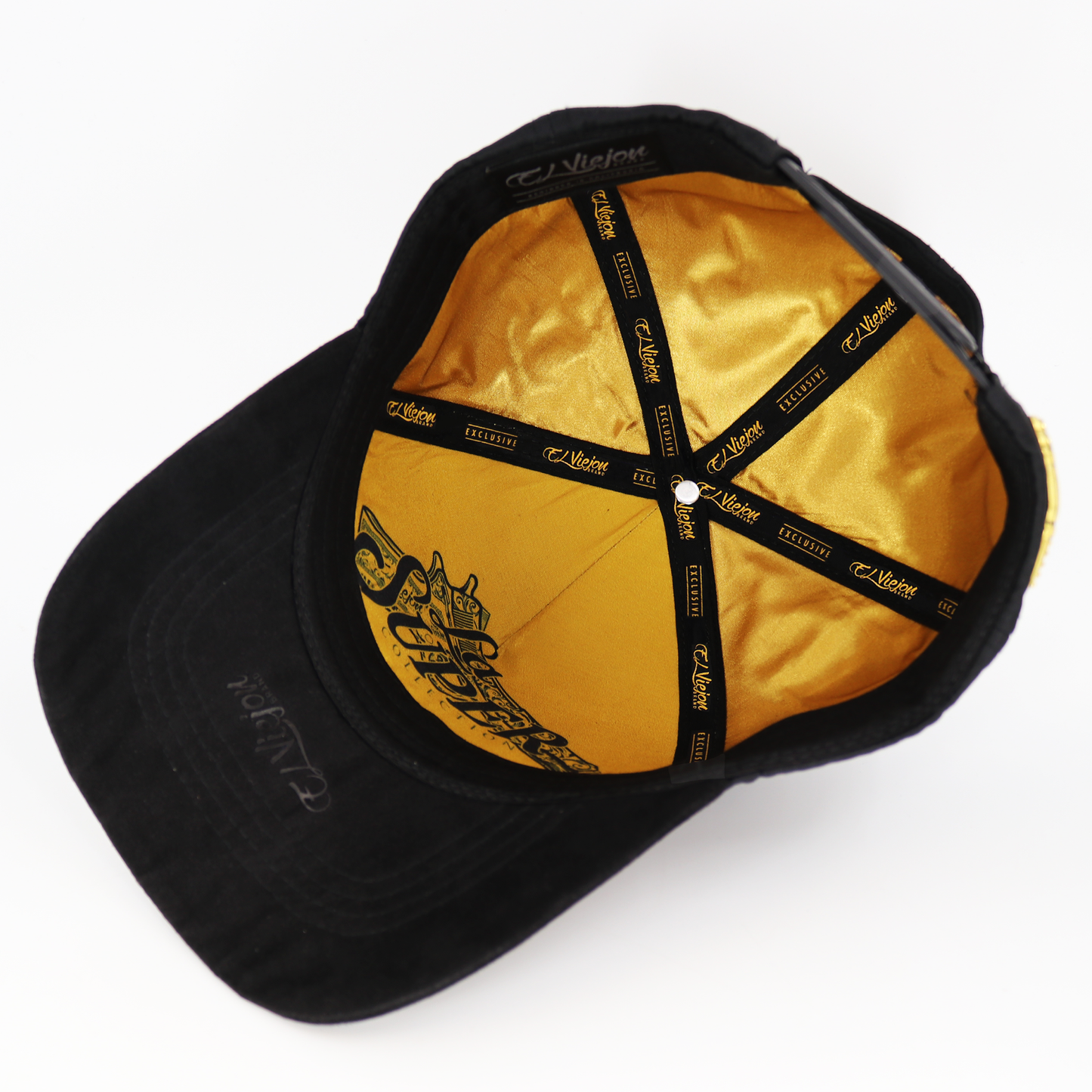 Black and gold cap with brand logo on a white background
