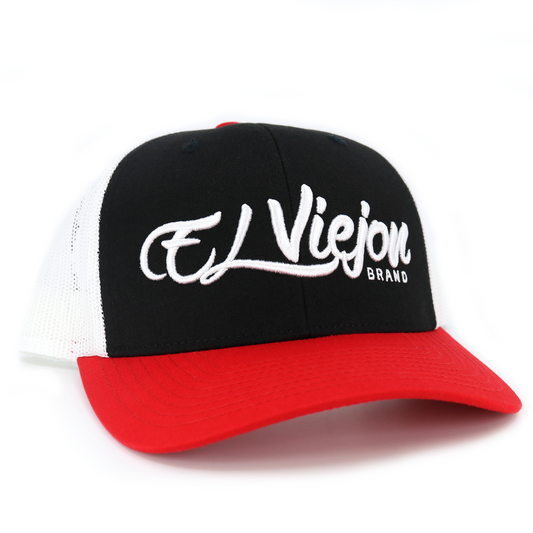 La Original Red/Black/White classic visor hat with "El Viejon Brand" embroidered.