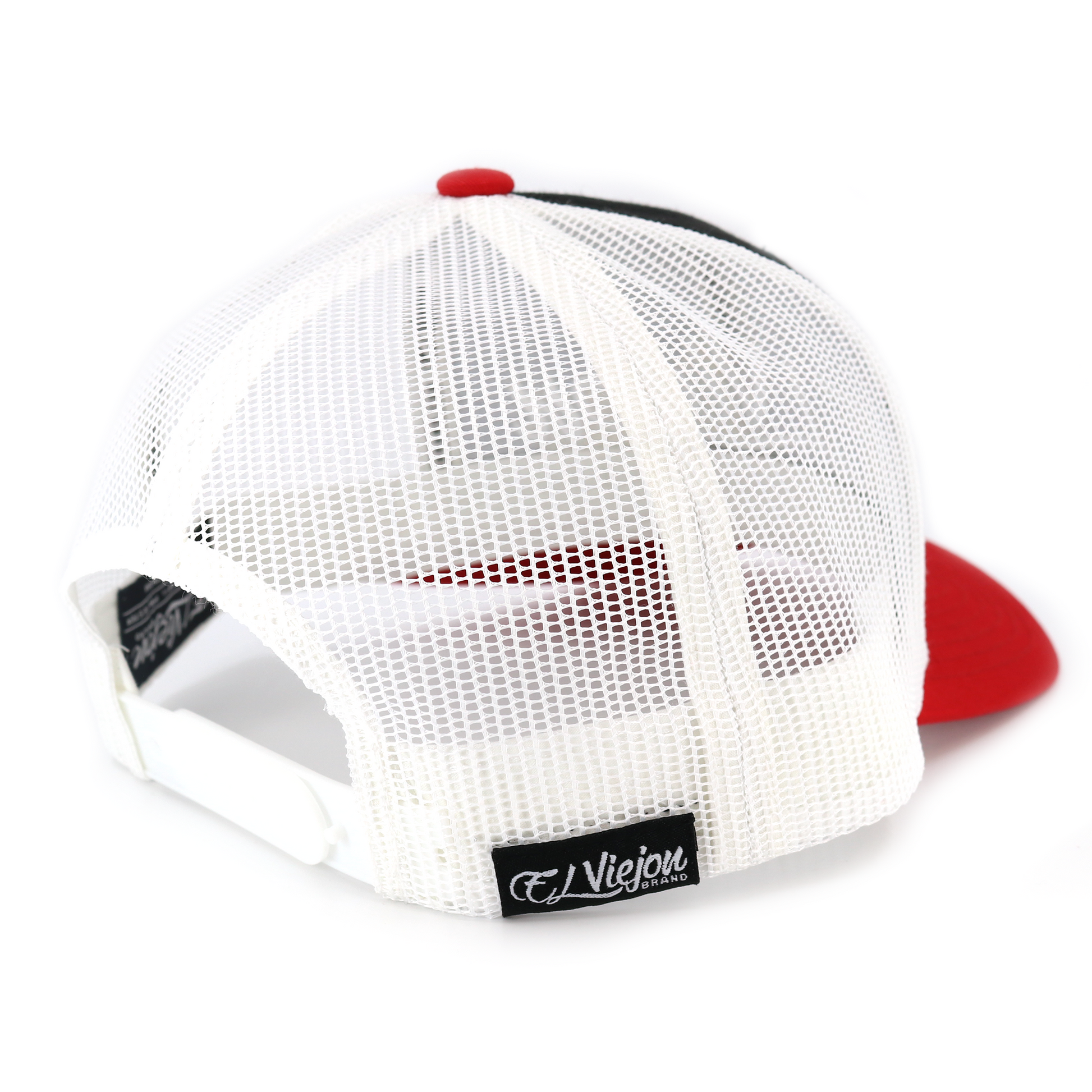 La Original Red/Black/White classic visor hat, white mesh back, red brim, and black El Viejon logo tag.