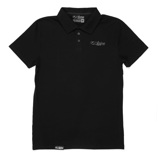 Black polo shirt with 3-button placket, charcoal El Viejon Brand 3D logo, and M size tag.