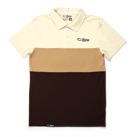 Cream, sand, and brown color-block polo shirt with a 3-button placket and "El Viejon Brand" logo.