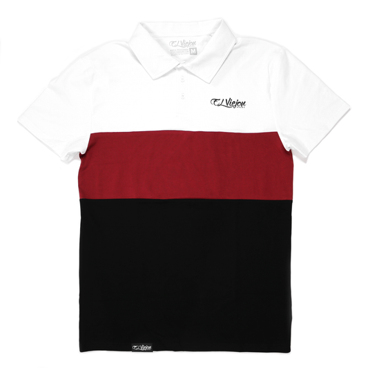 White, maroon, and black El Viejon Brand polo shirt with 3 buttons and 3D vinyl logo.