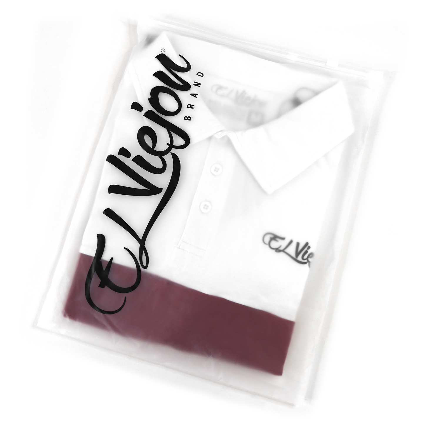 White/maroon El Viejon Brand polo shirt, 96% cotton/4% spandex, folded in clear packaging.