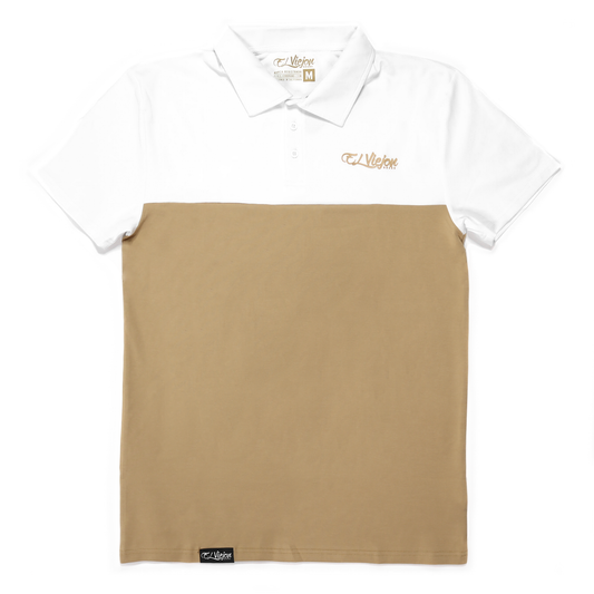White and sand two-tone polo shirt with a 3-button placket and "El Viejon Brand" logo.