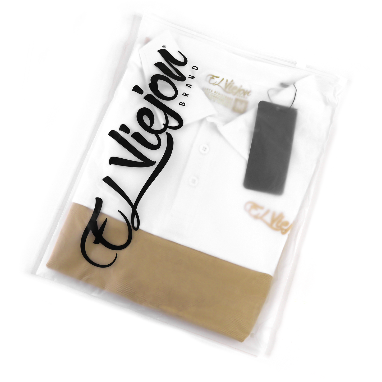 White and sand two-tone polo shirt with 3-button placket and "El Viejon Brand" logo, sealed in clear packaging.