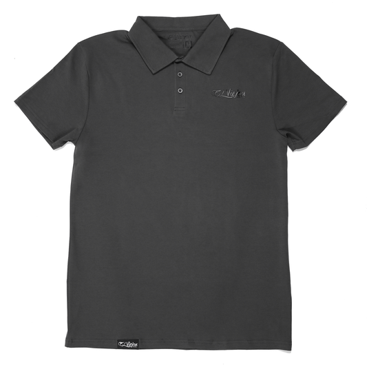 Charcoal El Viejon Brand polo shirt with 3-button placket and 3D vinyl logo.