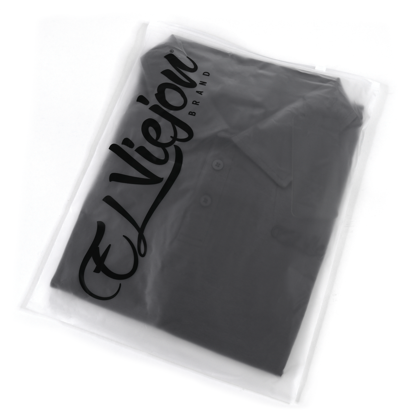 Charcoal El Viejon Brand polo shirt, folded in clear plastic packaging, showing 3-button placket.