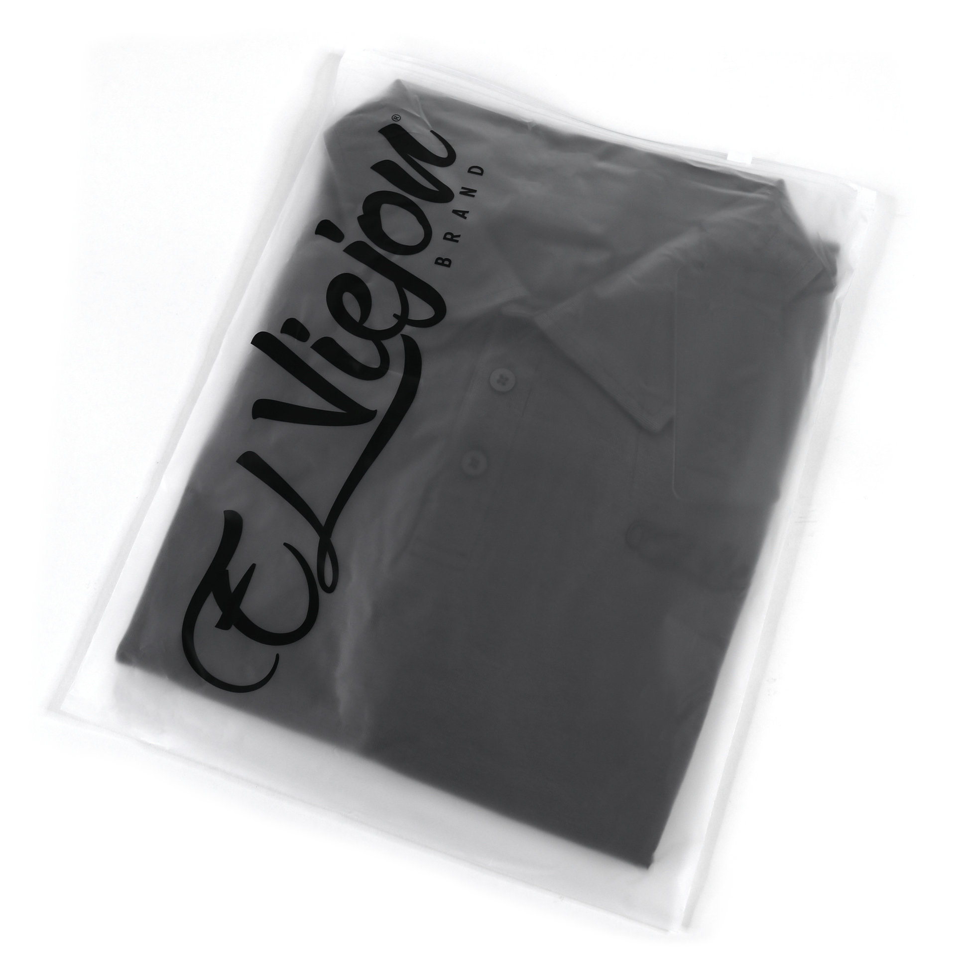 Charcoal El Viejon Brand polo shirt, folded in clear plastic packaging, showing 3-button placket.