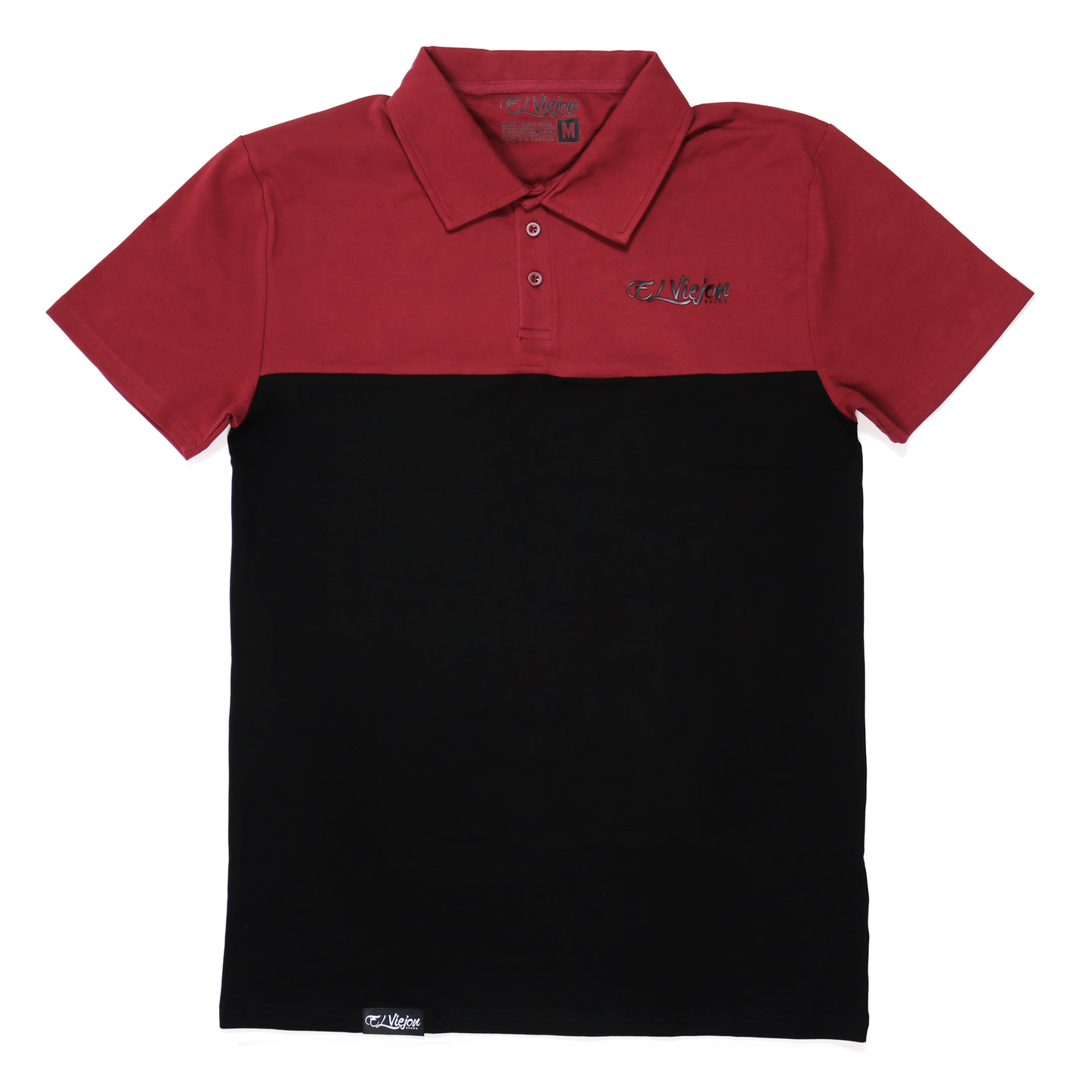 Maroon and black color-block polo shirt with a 3-button placket and "El Viejon Brand" 3D vinyl logo.