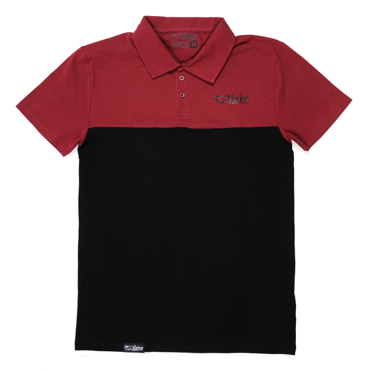 Maroon and black color-block polo shirt with a 3-button placket and "El Viejon Brand" 3D vinyl logo.