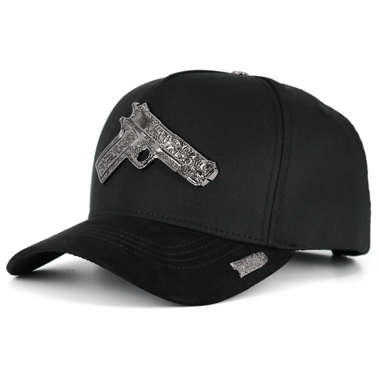 Black cap with a gun-shaped emblem on a white background