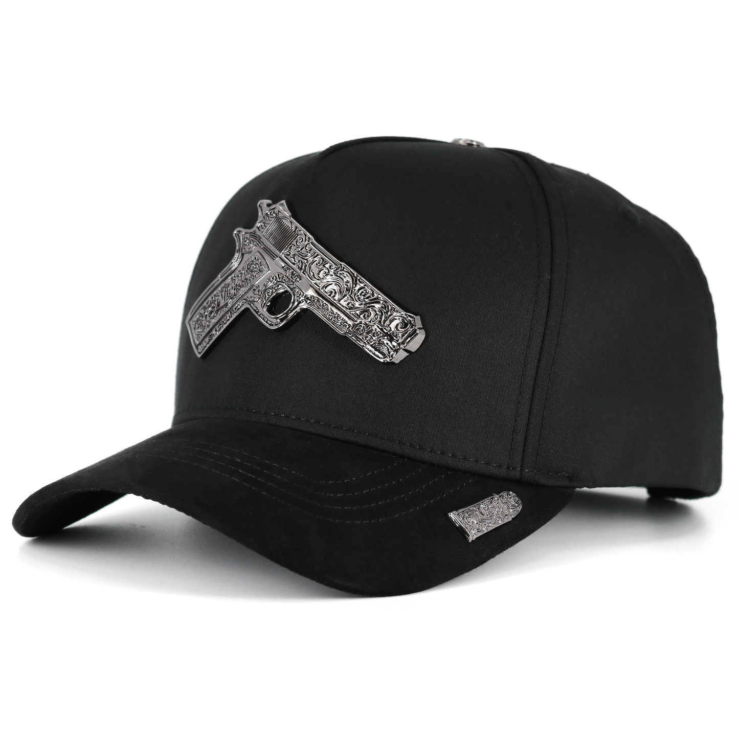 Black cap with a gun-shaped emblem on a white background