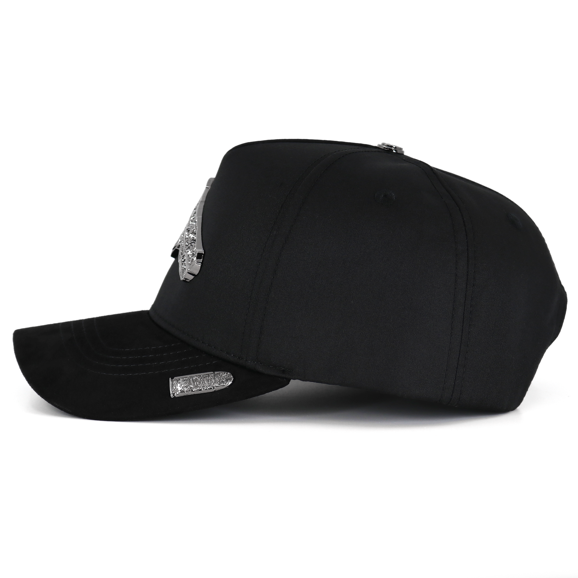 Black cap with silver embellishments on a white background