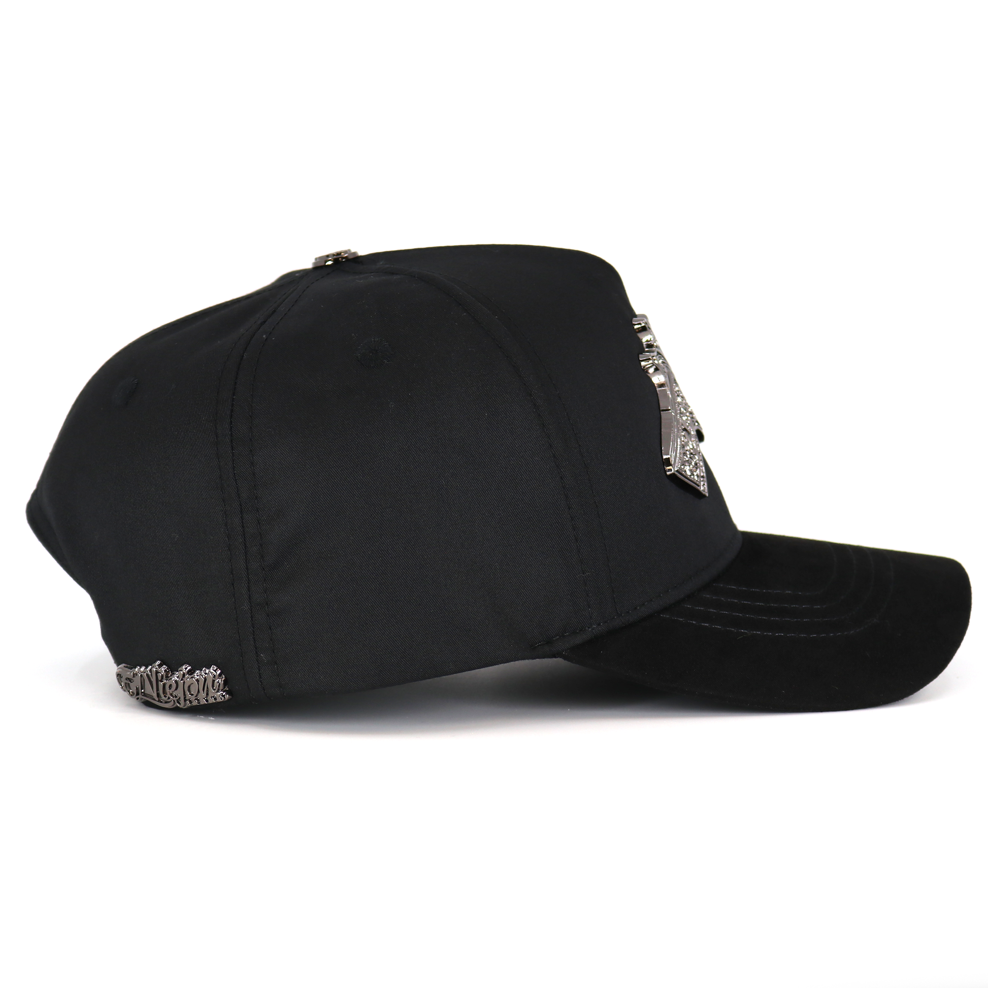 Black cap with decorative elements on a white background