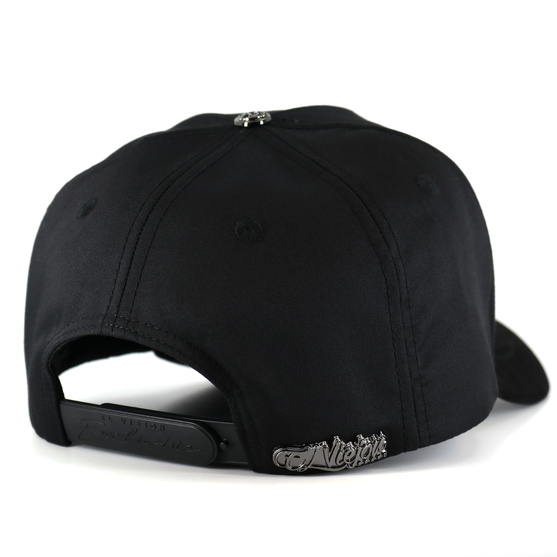 Black cap with a brand logo on the back against a white background