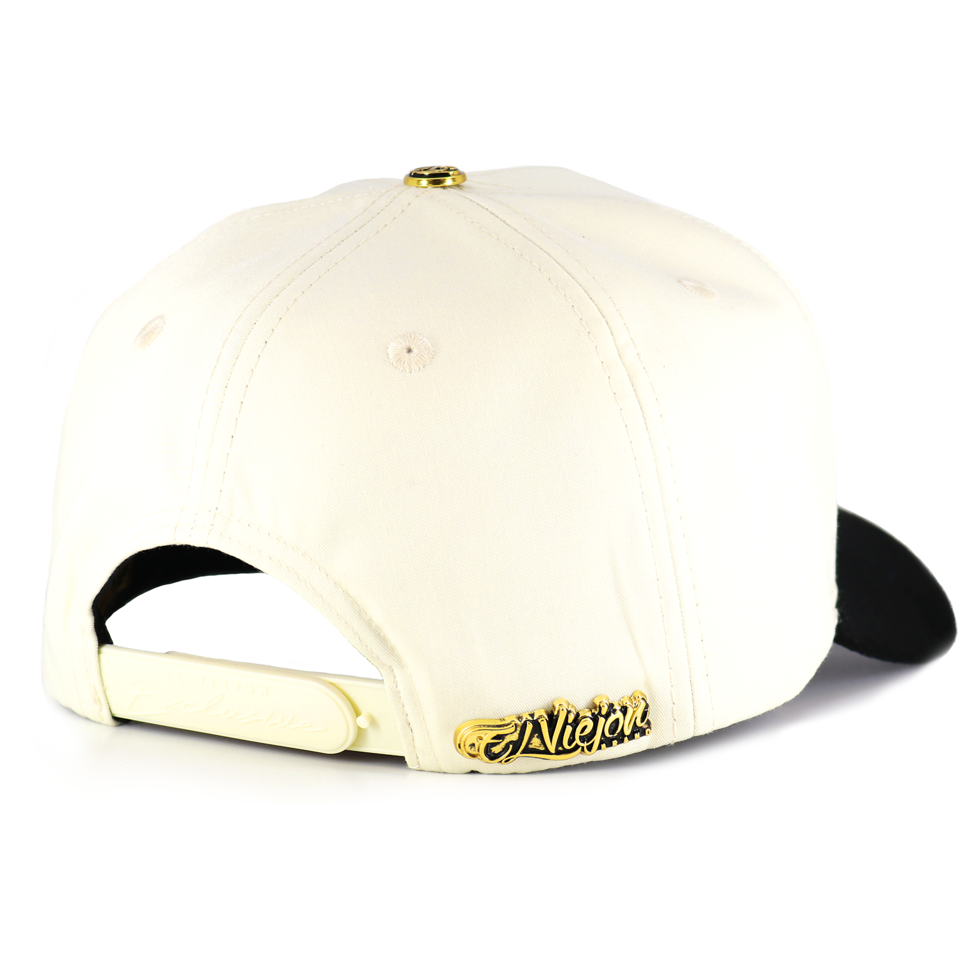 White cap with black brim and gold logo on a white background