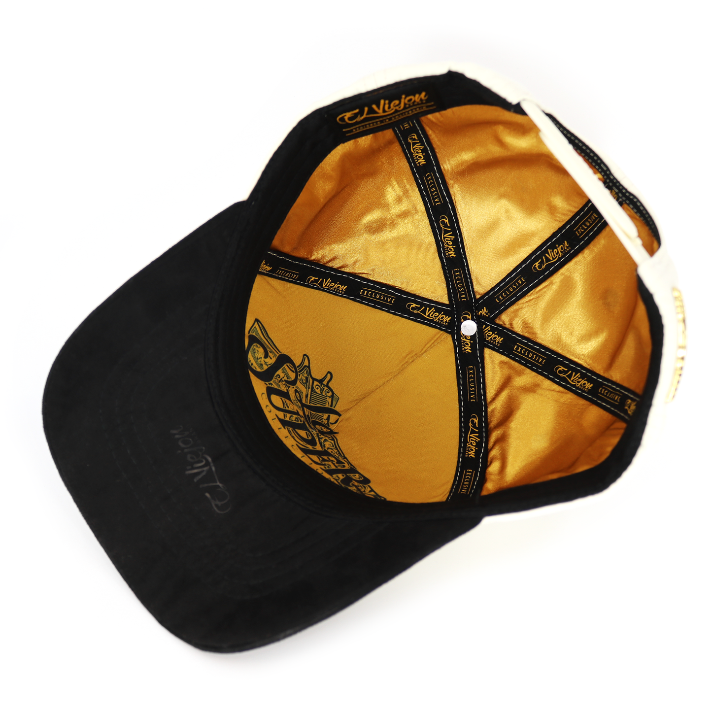 Black and gold cap with brand logo on a white background