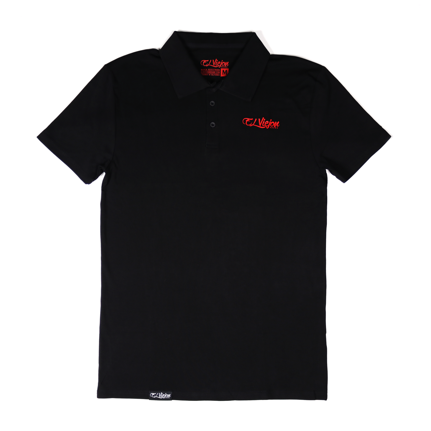 Black polo shirt with a red "El Viejon Brand" 3D logo, 3-button placket, and short sleeves.