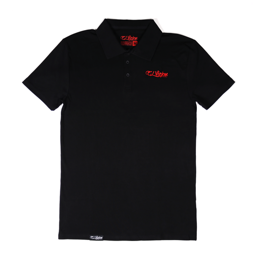 Black polo shirt with a red "El Viejon Brand" 3D logo, 3-button placket, and short sleeves.