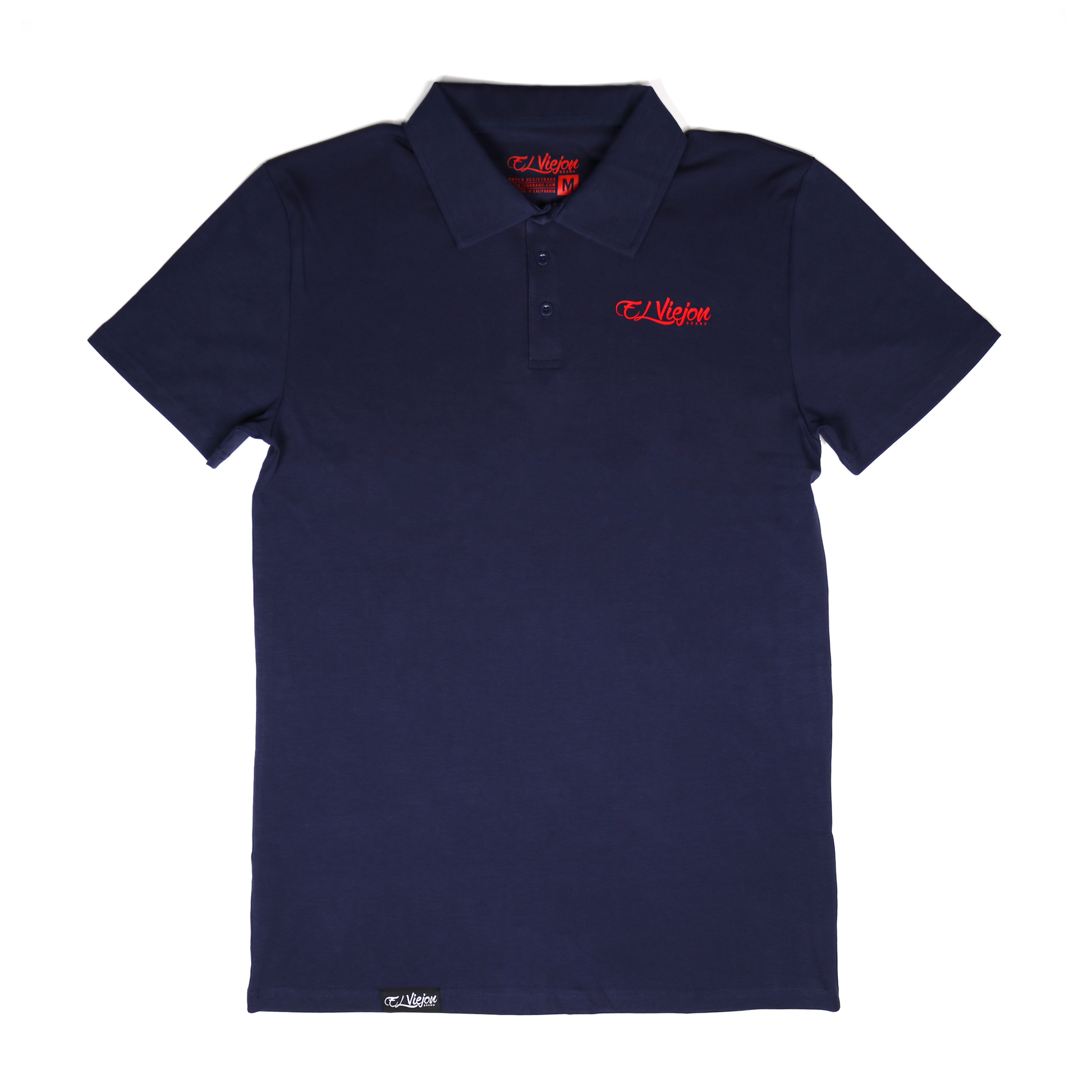 Navy blue polo shirt with 3-button placket and red 3D "El Viejon Brand" logo.