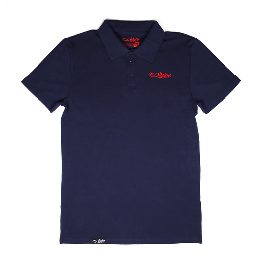 Navy blue polo shirt with 3-button placket and red 3D "El Viejon Brand" logo.