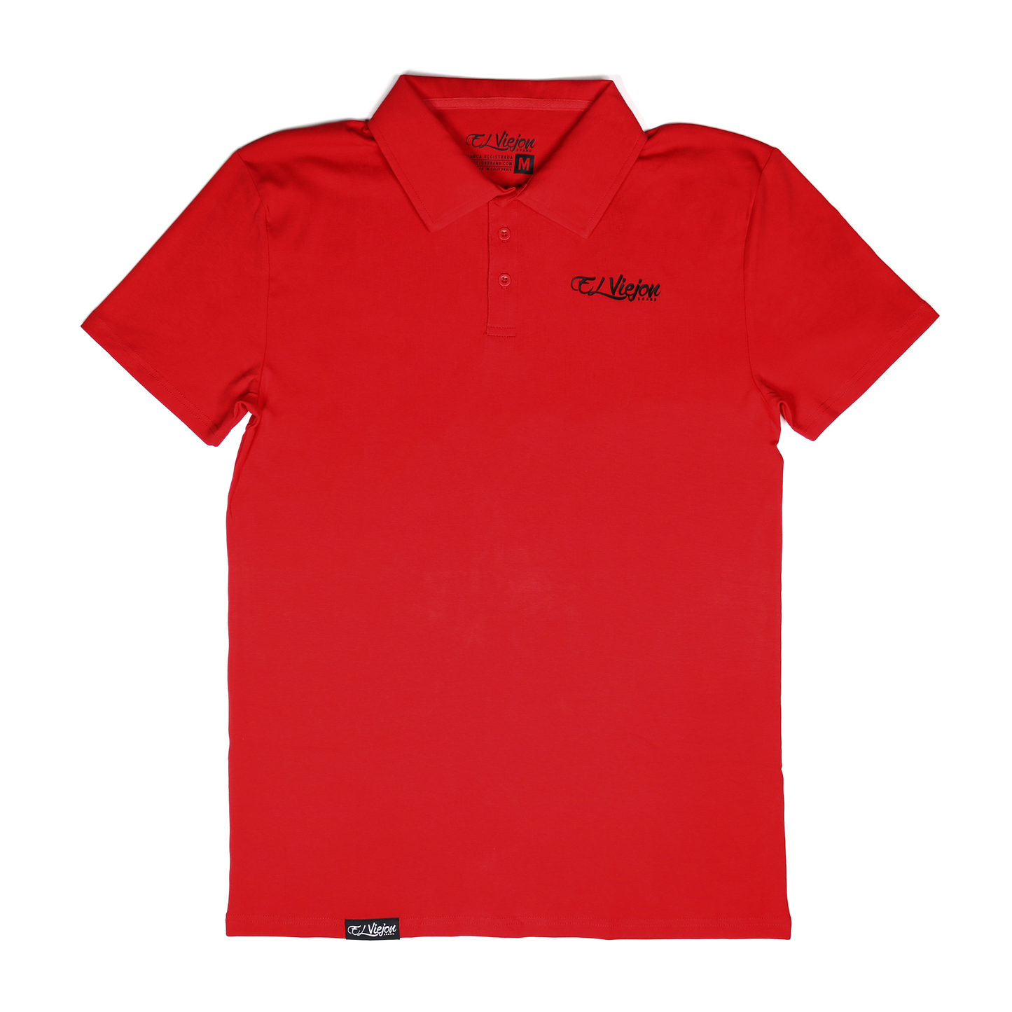 Red El Viejon Brand polo shirt, 96% cotton/4% spandex, with 3-button placket and 3D logo.