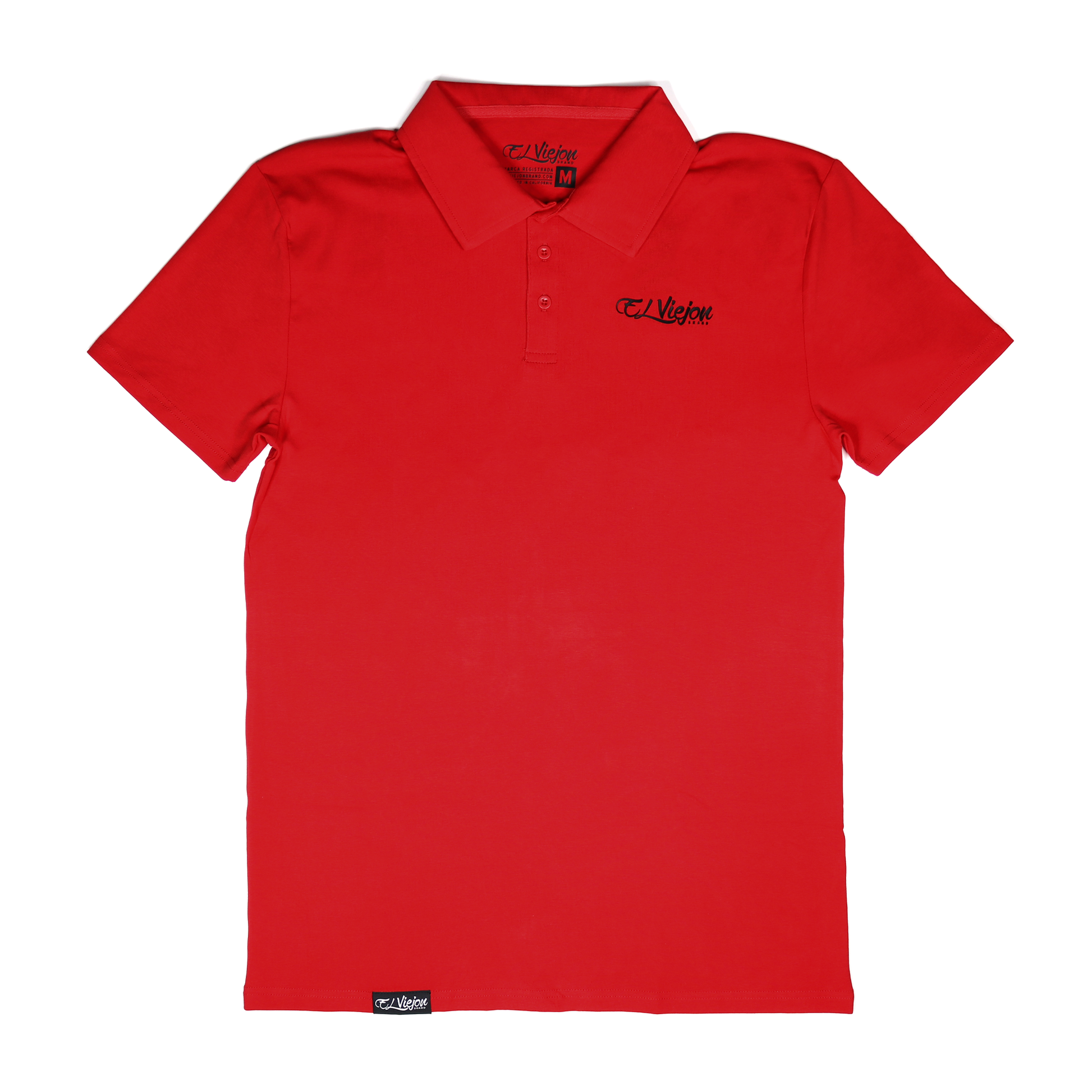 Red El Viejon Brand polo shirt, 96% cotton/4% spandex, with 3-button placket and 3D logo.