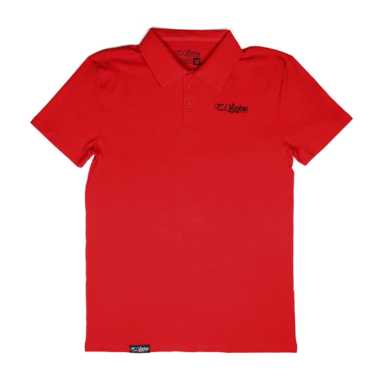 Red El Viejon Brand polo shirt, 96% cotton/4% spandex, with 3-button placket and 3D logo.