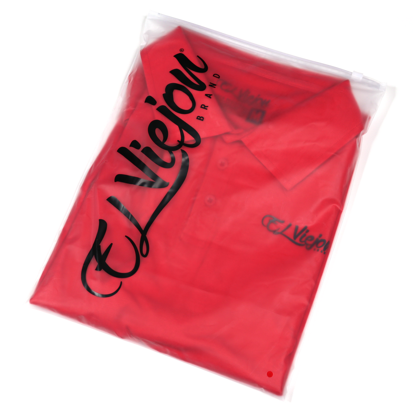 Red El Viejon Brand polo shirt, folded and packaged in a clear bag with black logo.