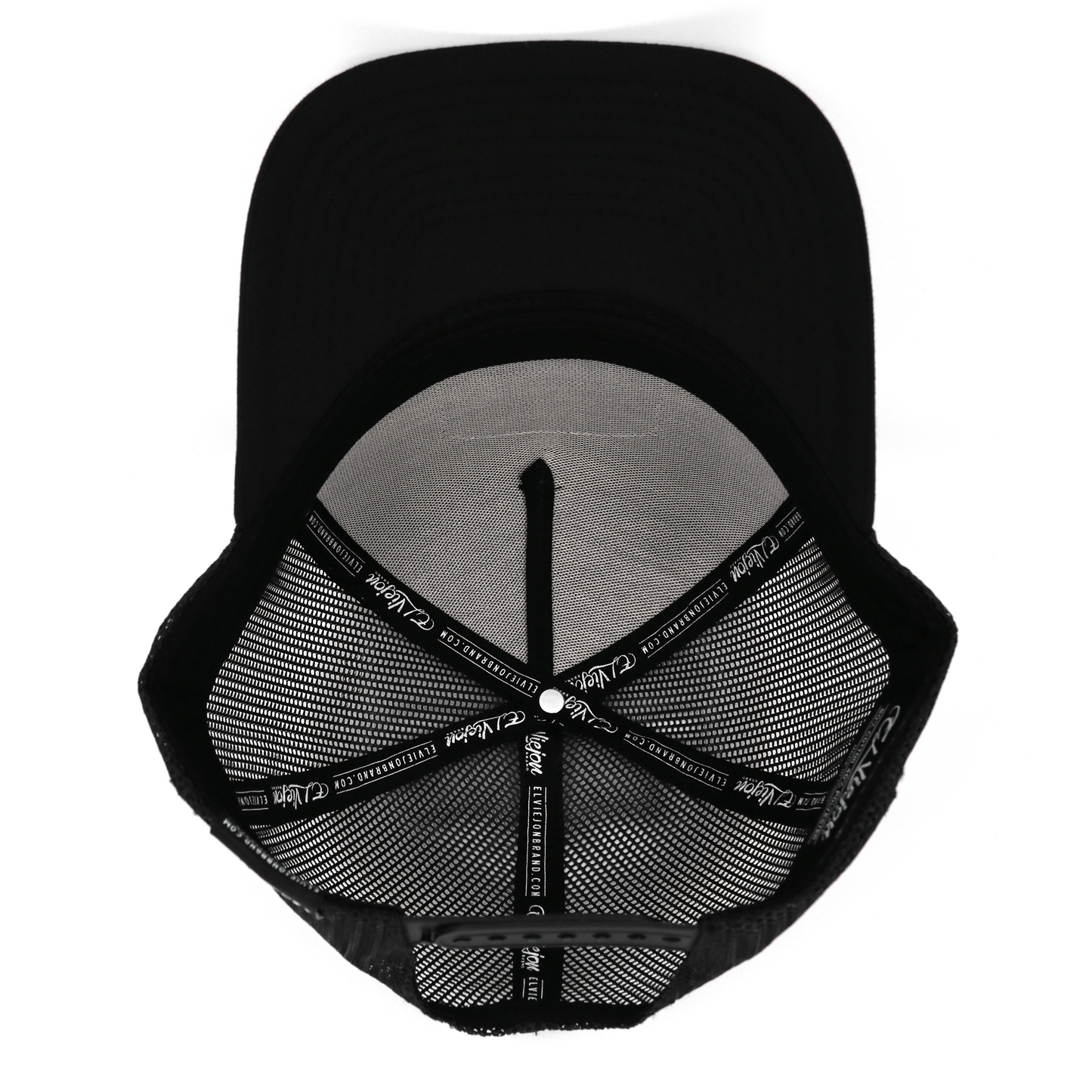 Bailador Black AVC hat, high profile, pre-curved visor, 5-panel, black mesh, adjustable snapback.