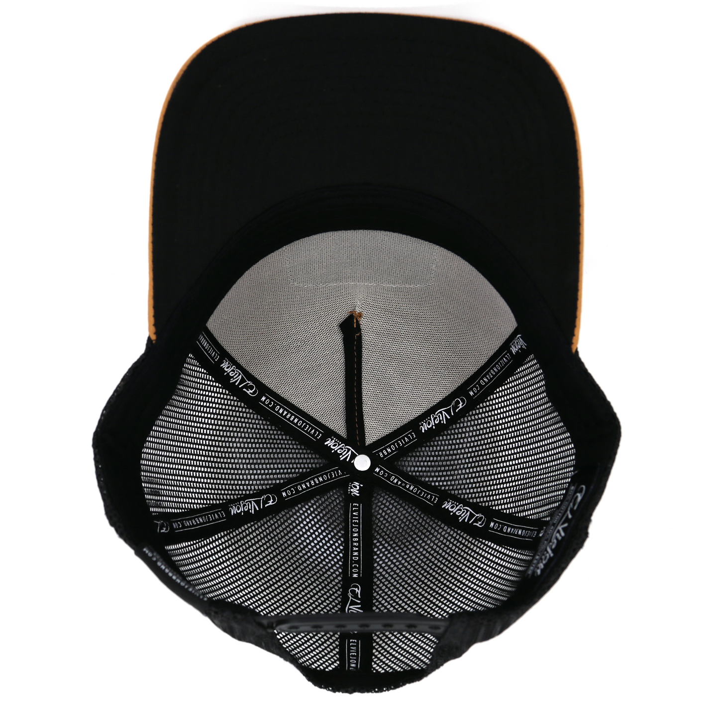 Bailador Caramel/Black AVC hat, high profile, 5-panel, pre-curved visor, black mesh back, adjustable snapback.