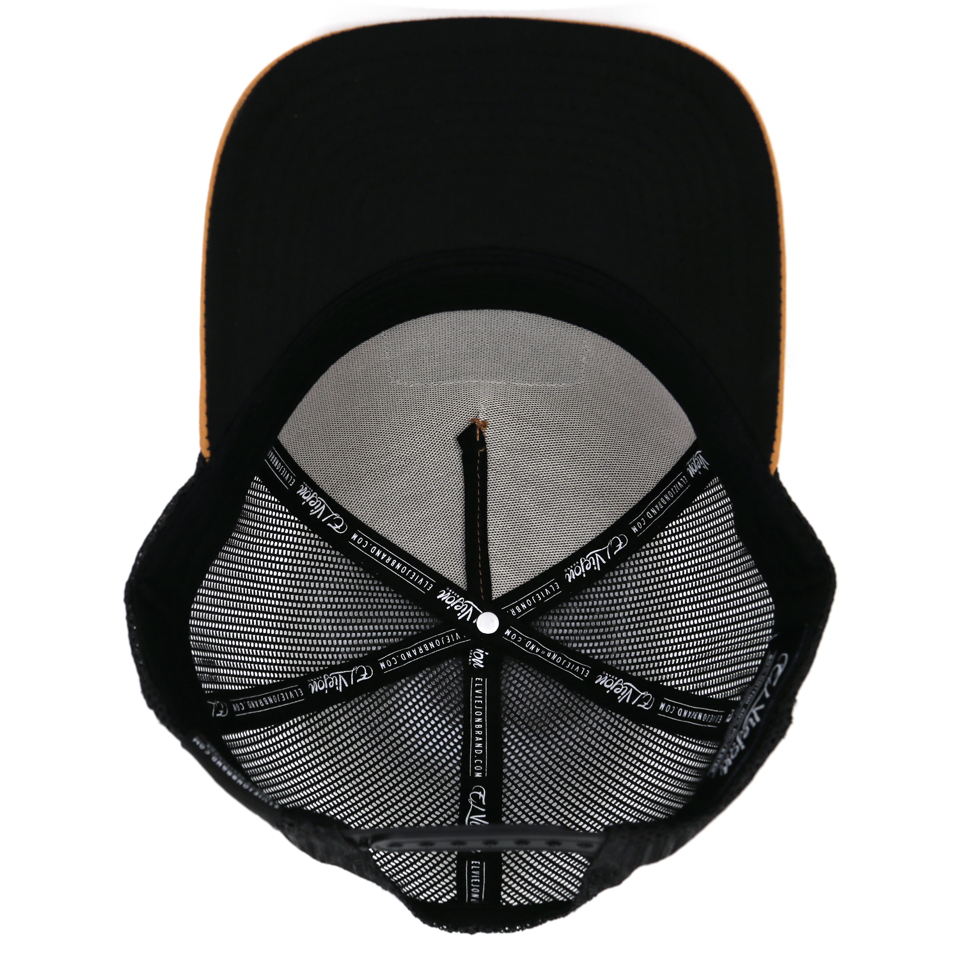 Bailador Caramel/Black AVC hat, high profile, 5-panel, pre-curved visor, black mesh back, adjustable snapback.