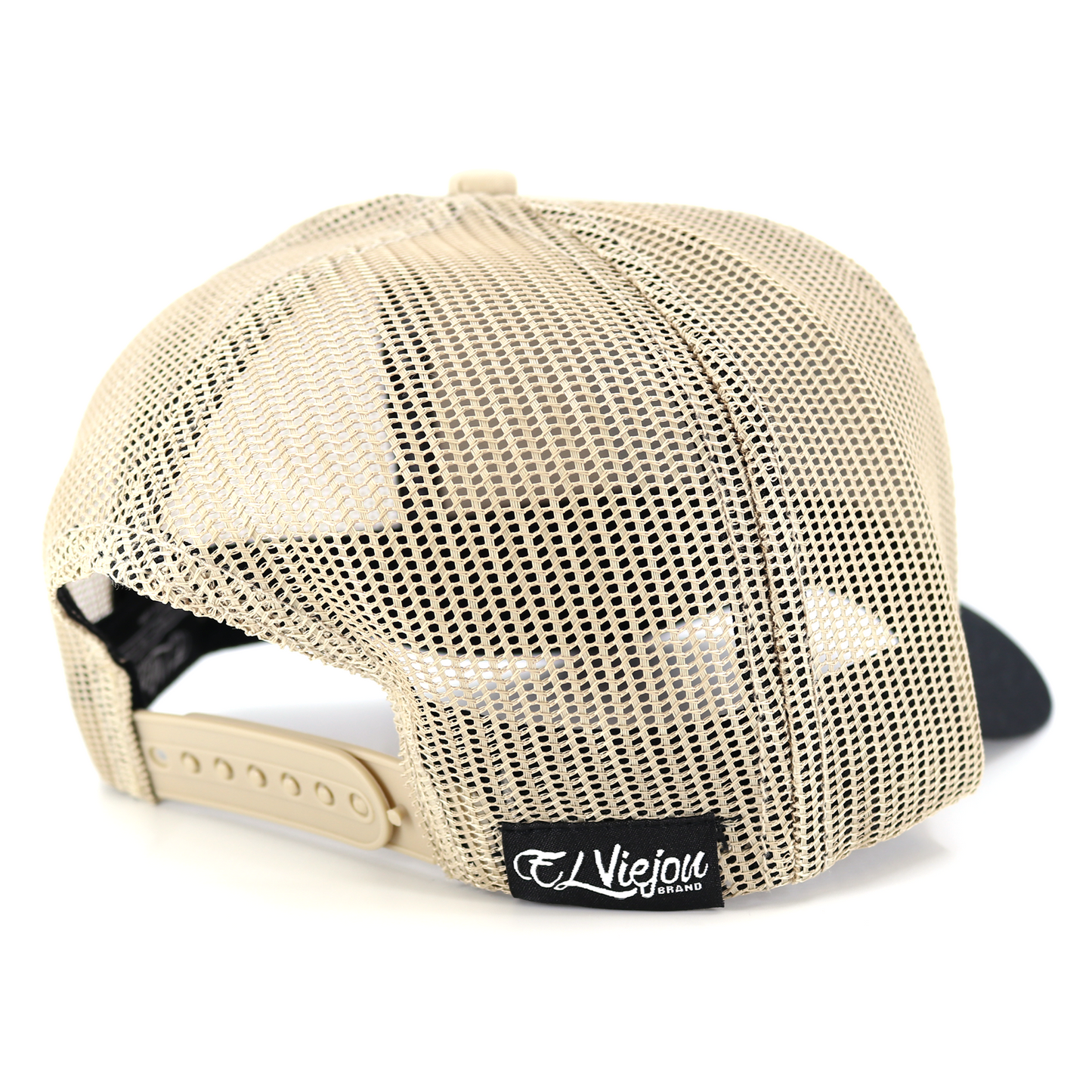 Bailador Black/Khaki AVC hat with tan mesh back, pre-curved visor, and adjustable snapback.