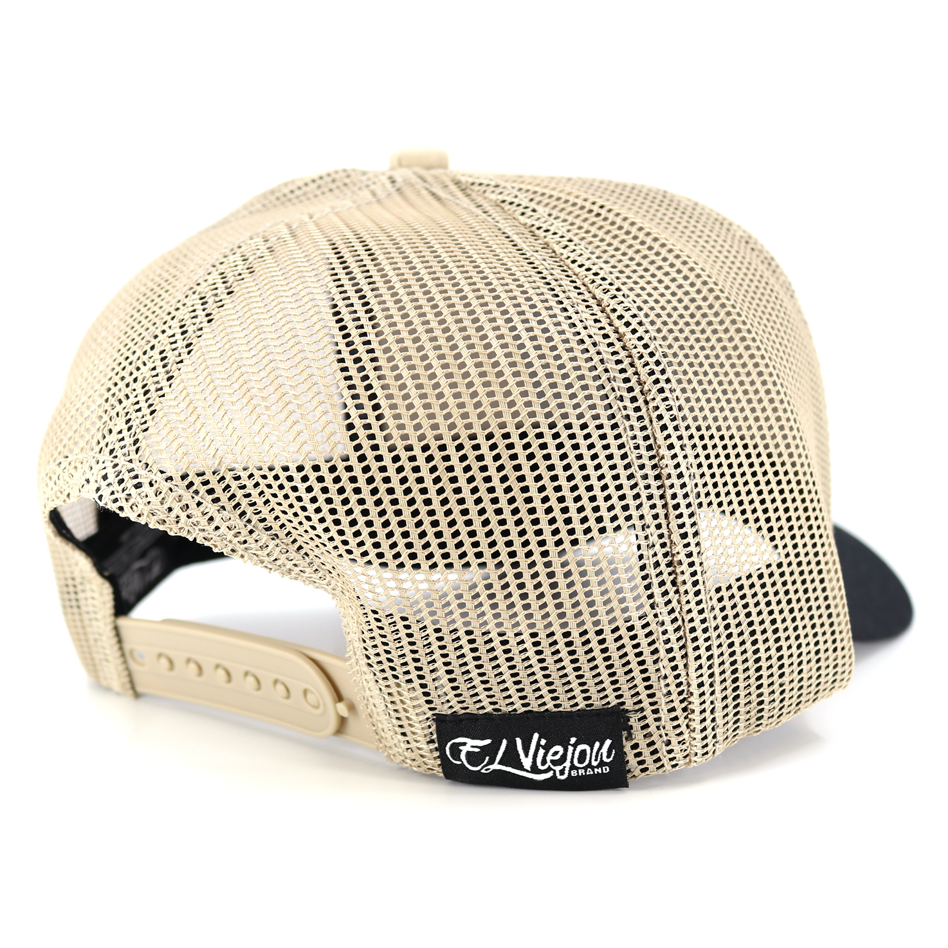 Bailador Black/Khaki AVC hat with tan mesh back, pre-curved visor, and adjustable snapback.