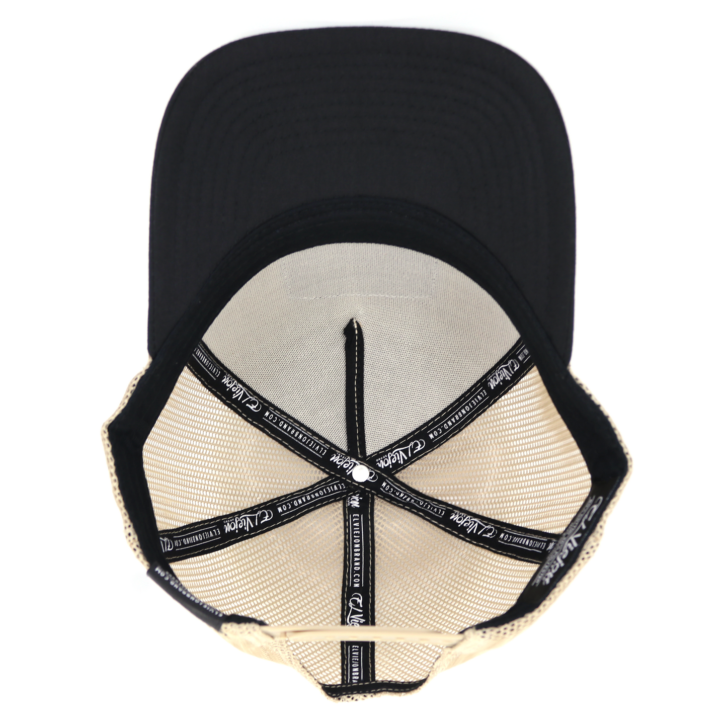 Bailador Black/Khaki AVC hat, high profile, pre-curved visor, khaki mesh, adjustable snapback.