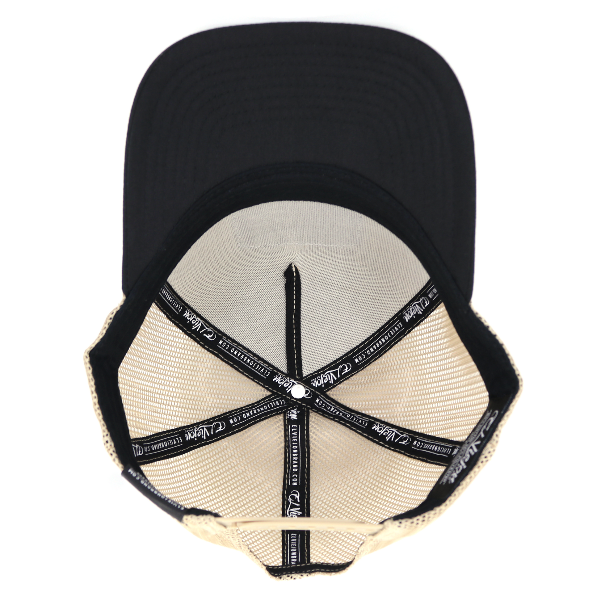 Bailador Black/Khaki AVC hat, high profile, pre-curved visor, khaki mesh, adjustable snapback.