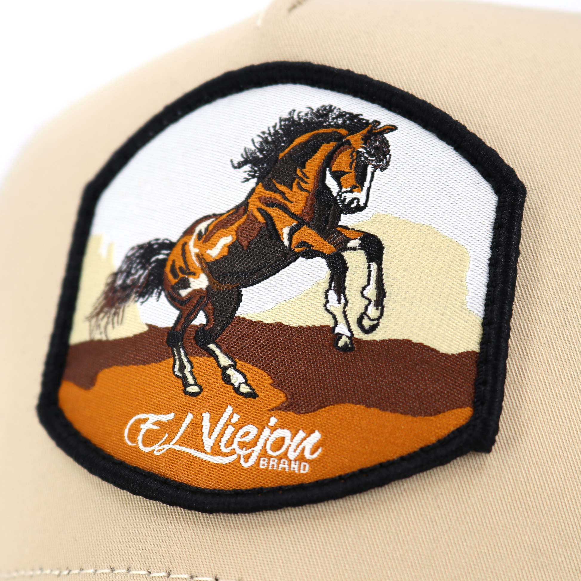 Bailador Khaki/White AVC hat with embroidered rearing horse patch and "El Viejon Brand" text.